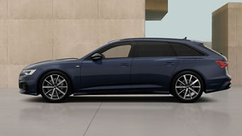 Left side of a blue A6 Avant TFSI e Audi vehicle