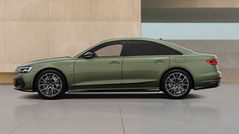 Left side of a green A8 TFSI e Audi vehicle