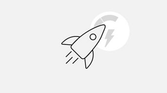 A greyscale Illustration of a rocket flying to the right & an electricity bolt & charge status dial