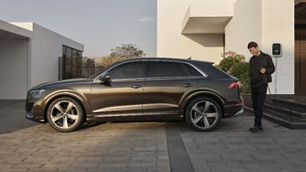 A parked Audi electric vehicle & a man with charger in hand walking from the right toward the vehicle