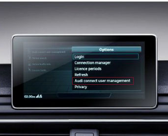 An Audi dashboard screen displaying options with 'Audi Connect user management' highlighted