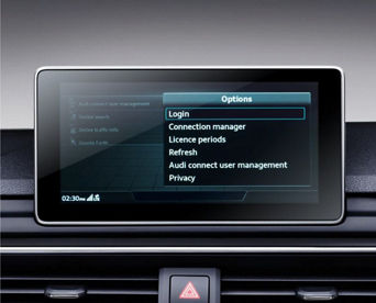 An Audi dashboard screen displaying options with 'Login' selected