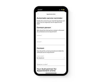 The myAudi app displaying the form for a user to enter contact details and select Audi Centre