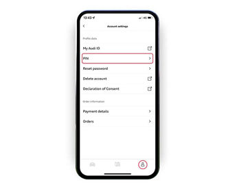 The myAudi app displaying the 'Account settings' screen with the 'PIN' link highlighted