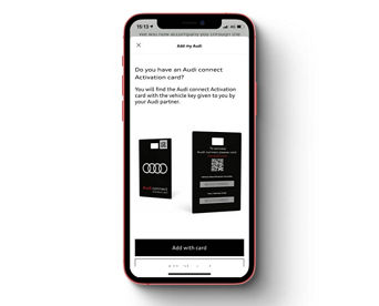 The myAudi app displaying an Audi Connect activation card and an 'Add with card' button