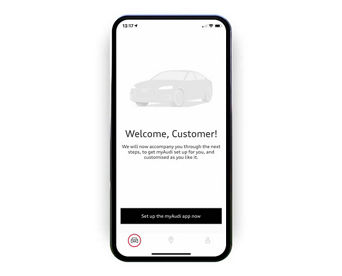 The myAudi app displaying a 'Welcome customer' message and a 'Set up the myAudi app now' button