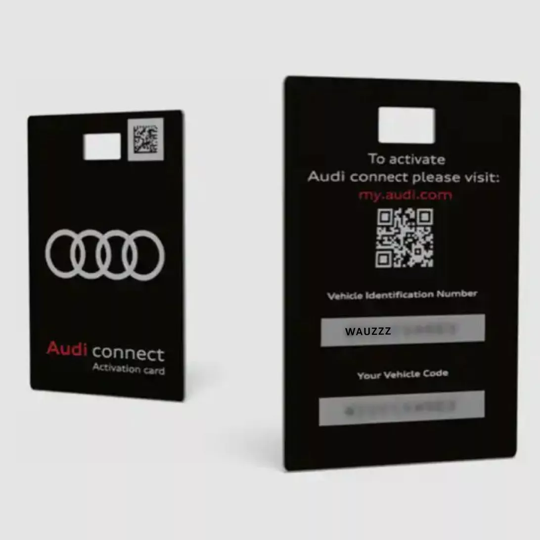 The front and back of an Audi connect activation card, the back has two number fields blurred out