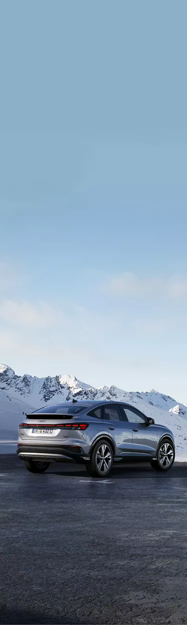 Two Audi vehicles parked side by side with a snowy mountain backdrop