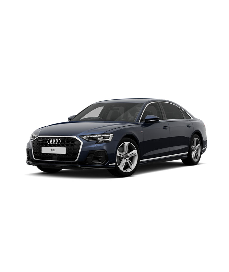 Sleek blue Audi A8L s-line trim sedan against a plain background.