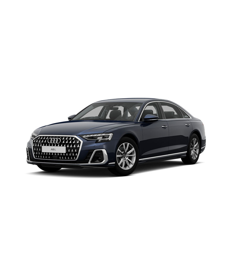 Sleek blue Audi A8L sport trim sedan against a plain background.