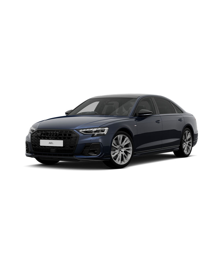 Sleek blue Audi A8L vorsprung trim sedan against a plain background.