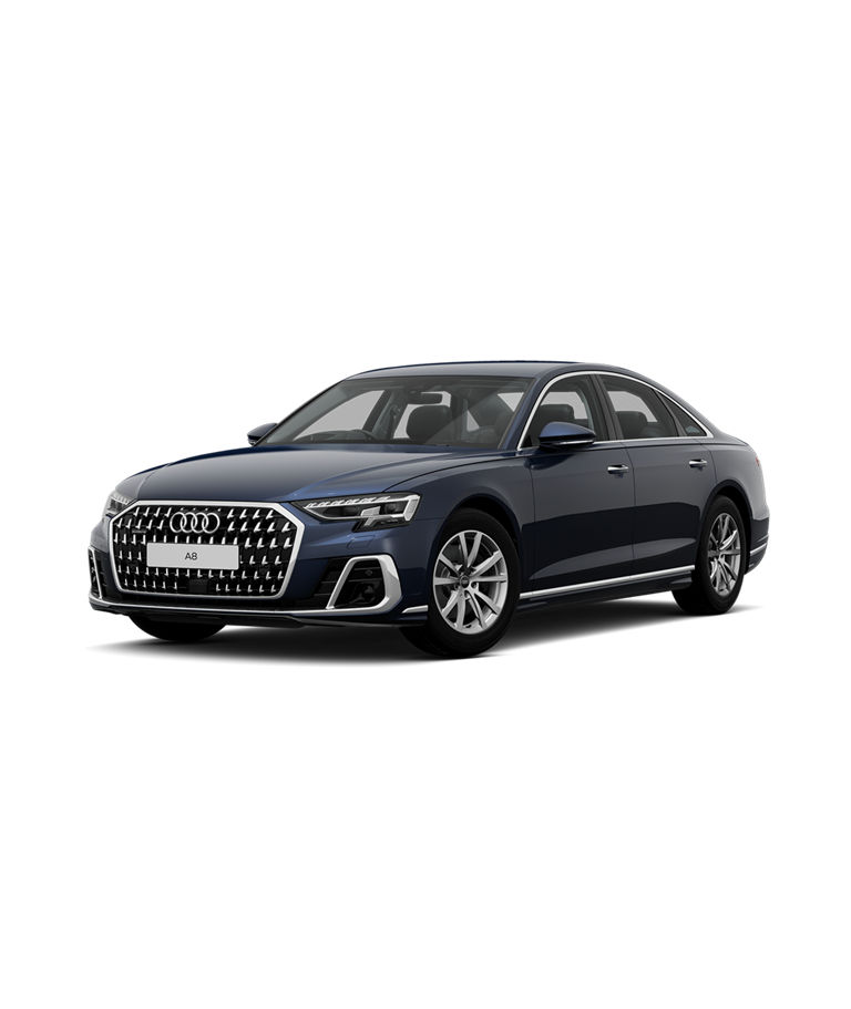 Blue Audi A8 sports trim car isolated on a white background.