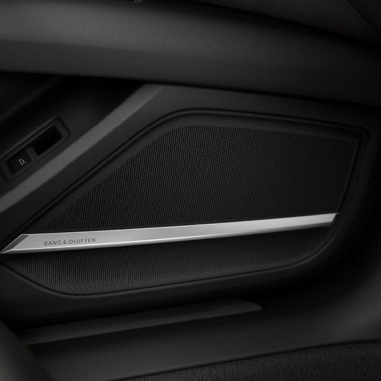 Close-up of a car's interior door with Bang & Olufsen speaker system.