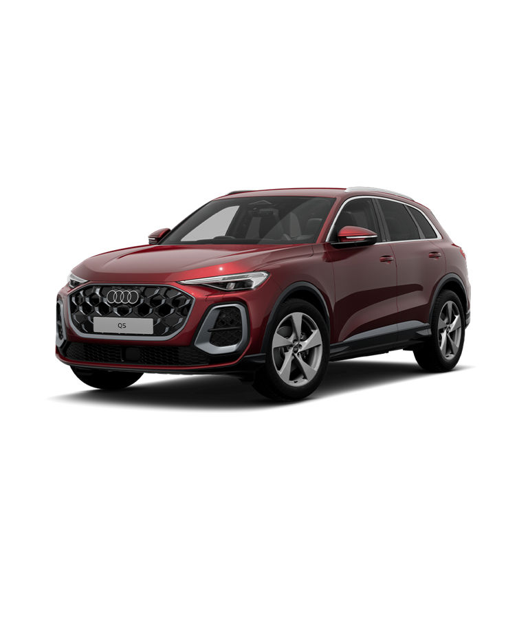 A red Audi Q5 SUV s-line trim on a white background.