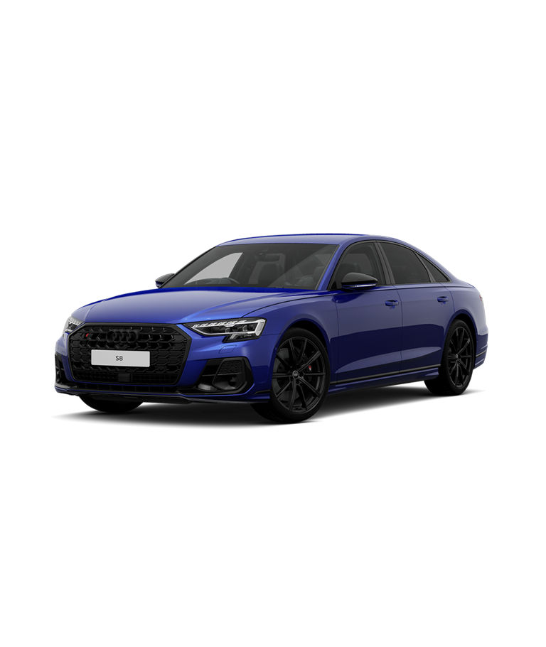 front angled view of blue Audi A8 S8 on white background