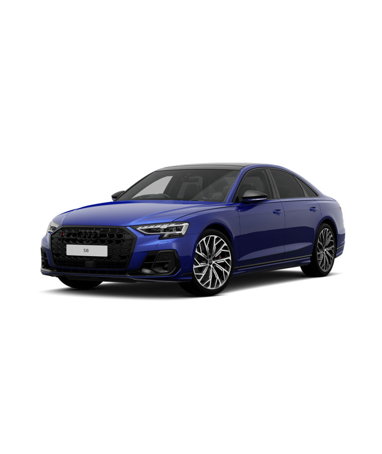 front angled view of blue Audi A8 S8 on white background