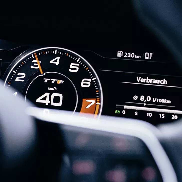 Dashboard display behind steering wheel.