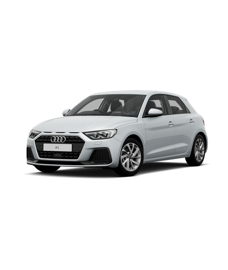 A white Audi A1 Sportback sport trim, three-quarter front view on a plain background.