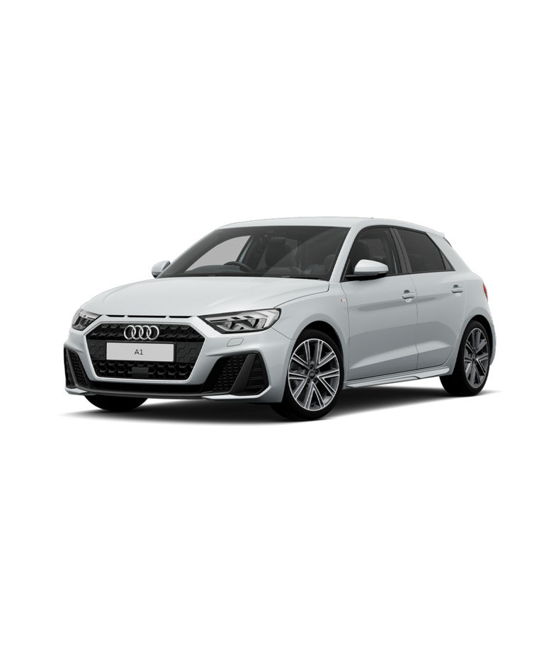 A white Audi A1 Sportback s line trim, three-quarter front view on a plain background.