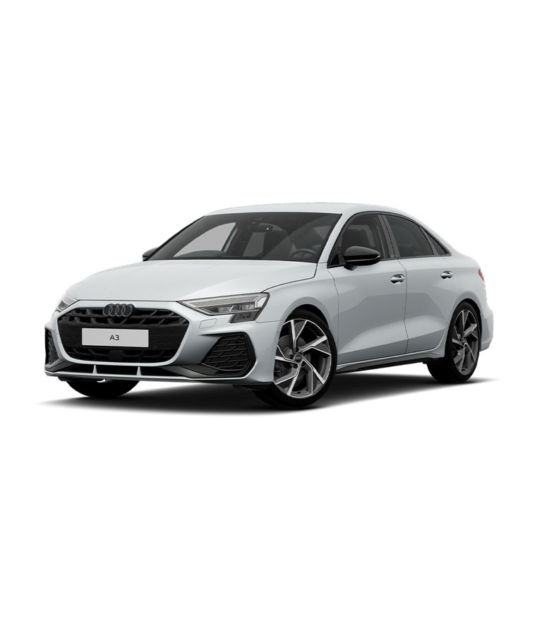 A white Audi A3 Saloon black edition trim on a plain background.