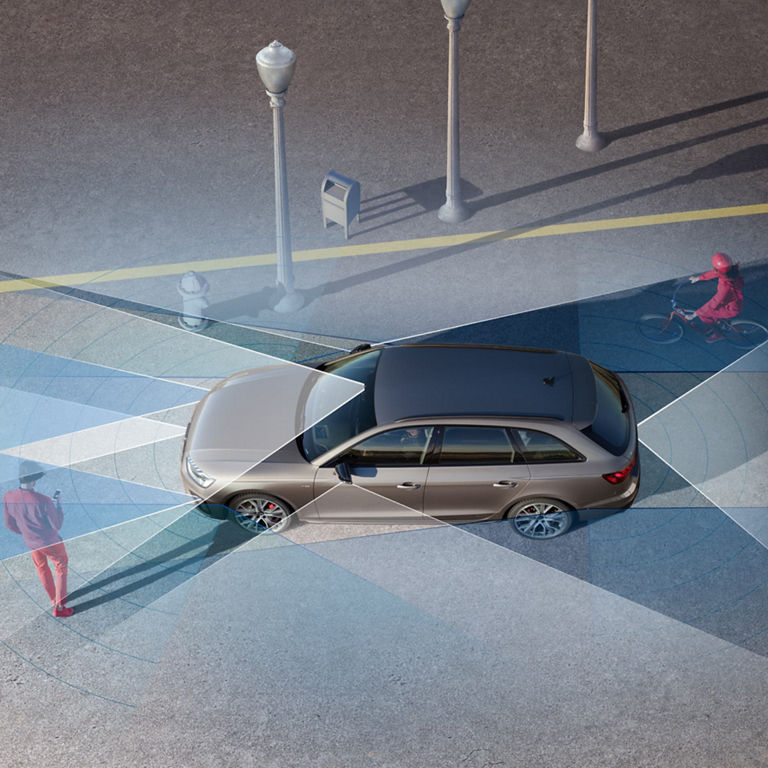 Illustration of a car's blind spot detection system with pedestrians and a cyclist nearby.