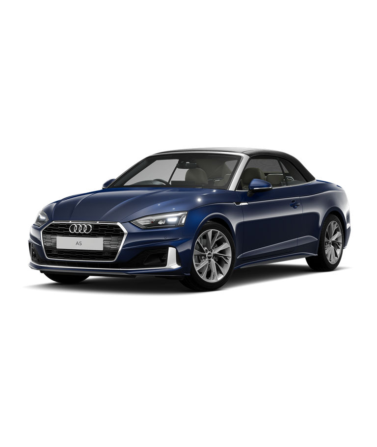 Blue Audi A5 Cabriolet convertible sport trim on a plain background.