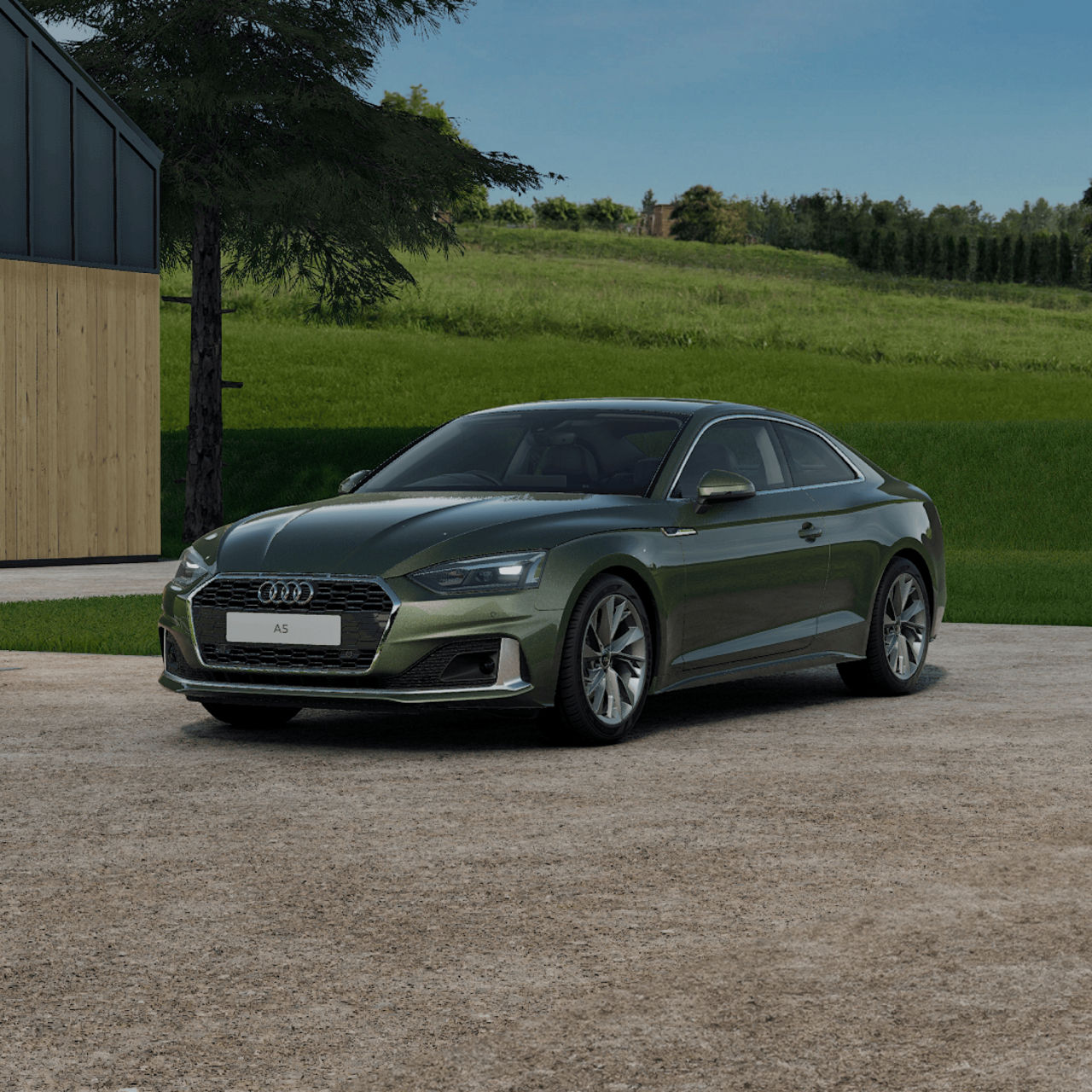 Green sedan parked outside a modern house, surrounded by greenery.