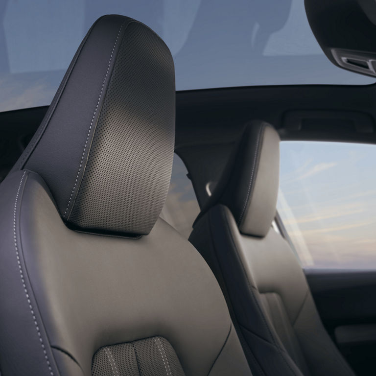 Interior view of a car's modern leather seats with a focus on headrests.