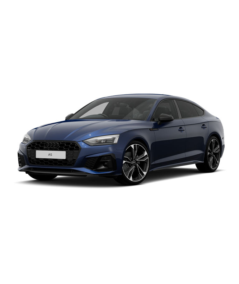 A blue Audi A5 Sportback black edition trim against a plain white background.