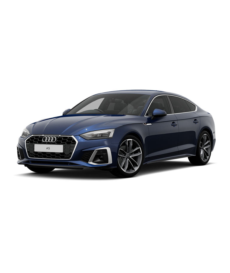 A blue Audi A5 Sportback s-line trim against a plain white background.