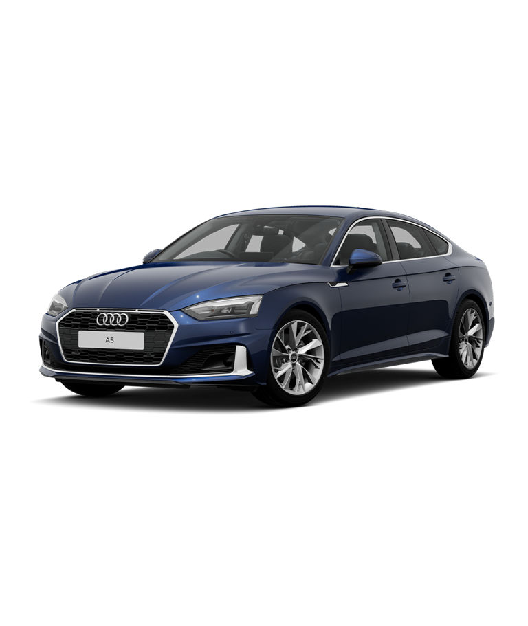 A blue Audi A5 Sportback sport trim against a plain white background.