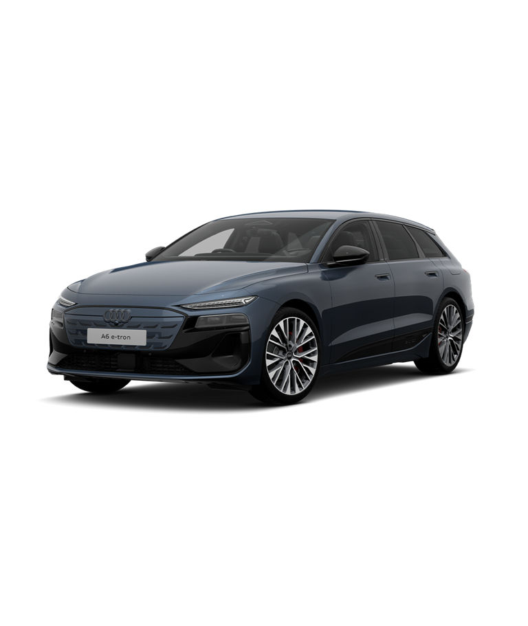 A sleek, dark grey Audi A6 Avant e-tron performance edition 1 trim car displayed at a three-quarter angle.