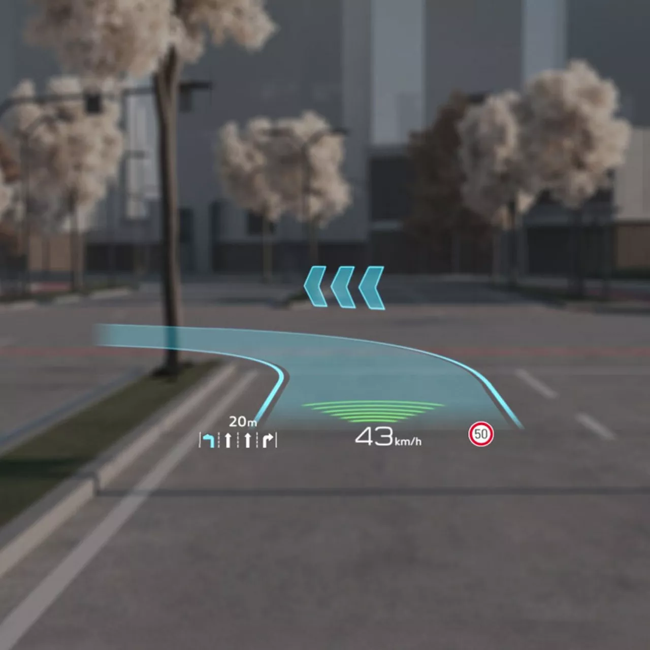 A heads-up display showing vehicle speed, navigation, and a road sign.