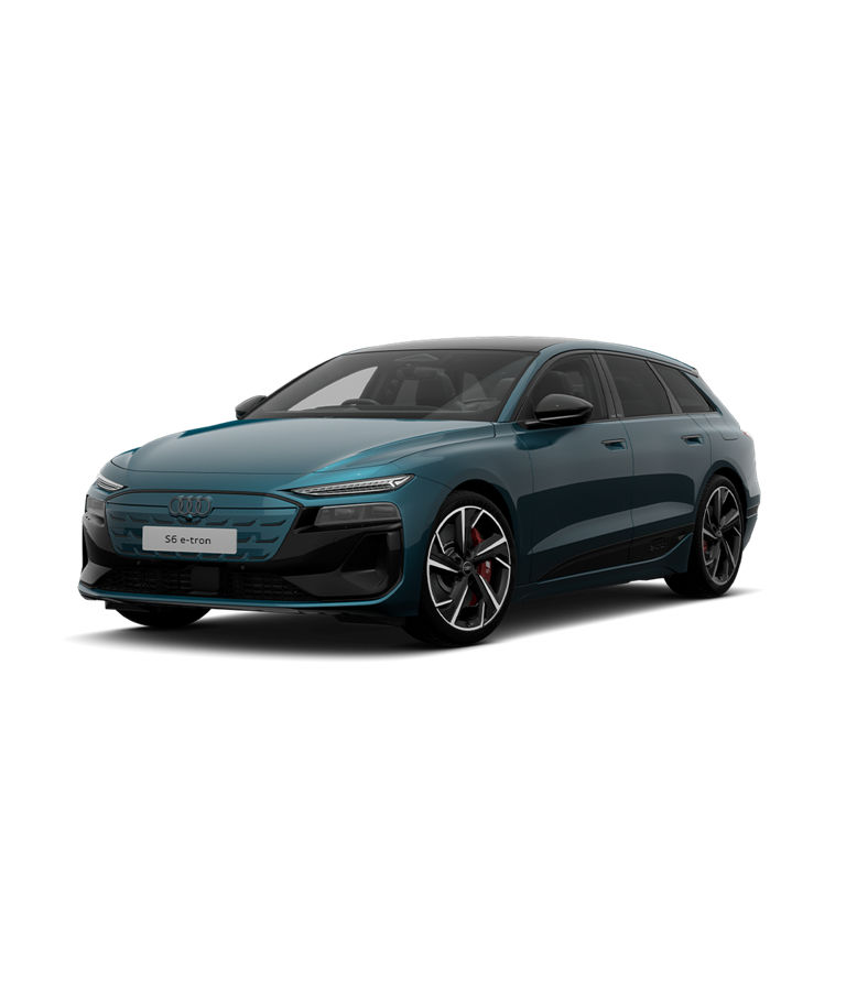 A teal Audi S6 Avant e-tron edition 1 trim car positioned diagonally on a transparent background.