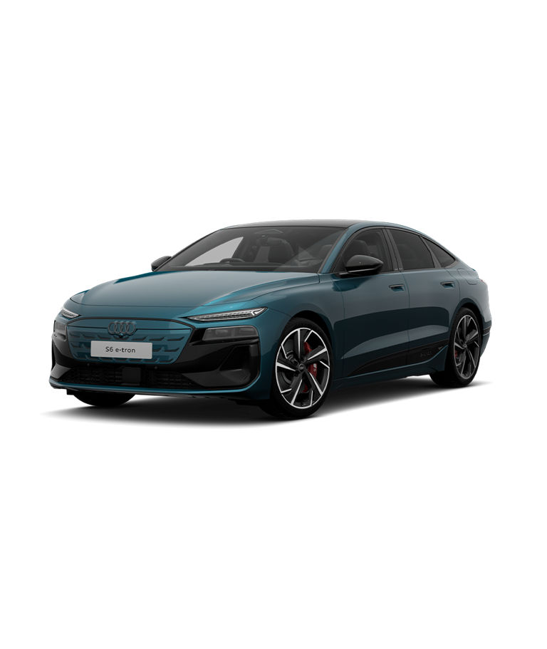 A teal Audi S6 e-tron Sportback edition 1 trim car on a transparent background.