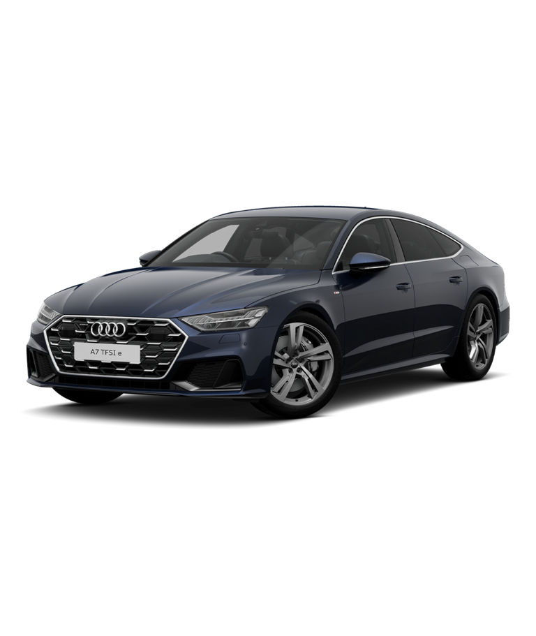 A blue Audi A7 TFSI e sedan s-line trim against a plain background.