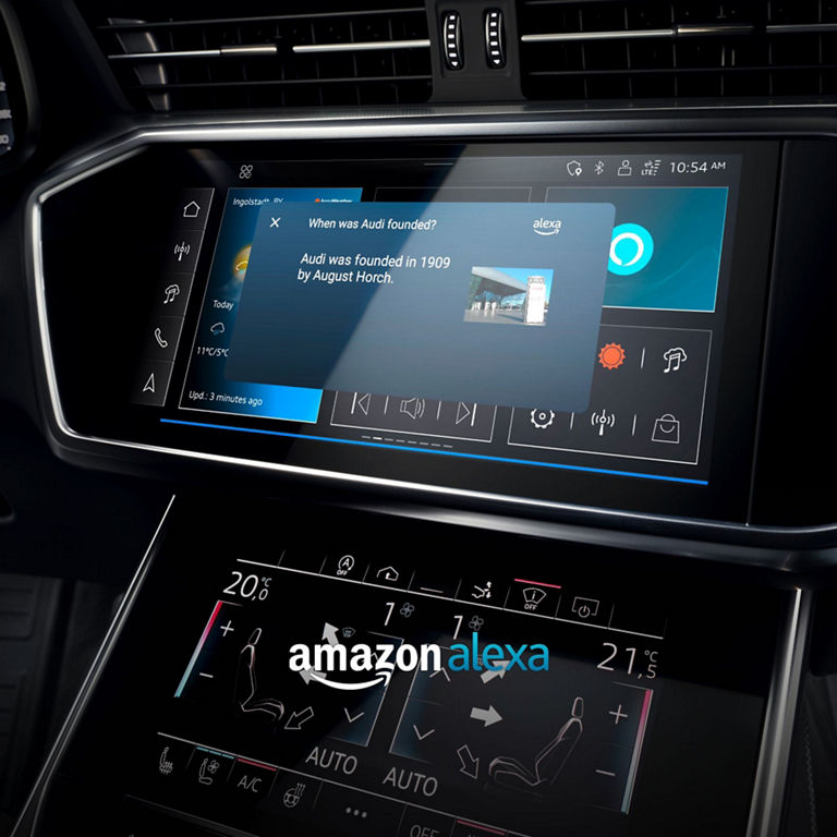 Car infotainment screen displaying Amazon Alexa response.