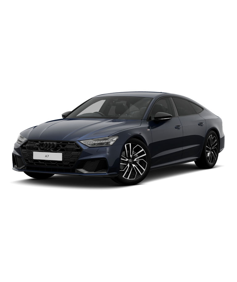 A blue Audi A7 Sportback black edition trim against a plain background.