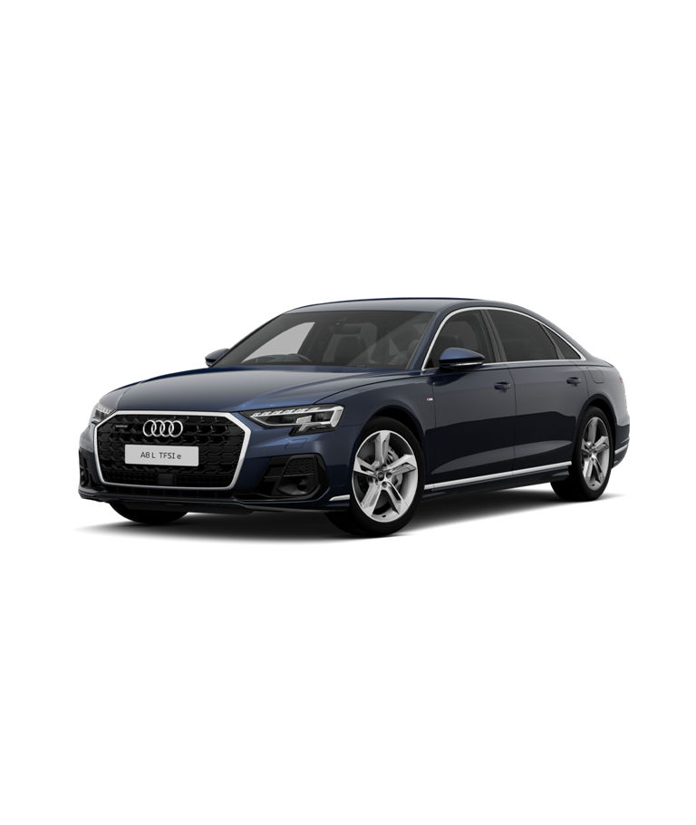 Audi A8 L TFSI e s-line trim in navy blue color, isolated on a plain background.