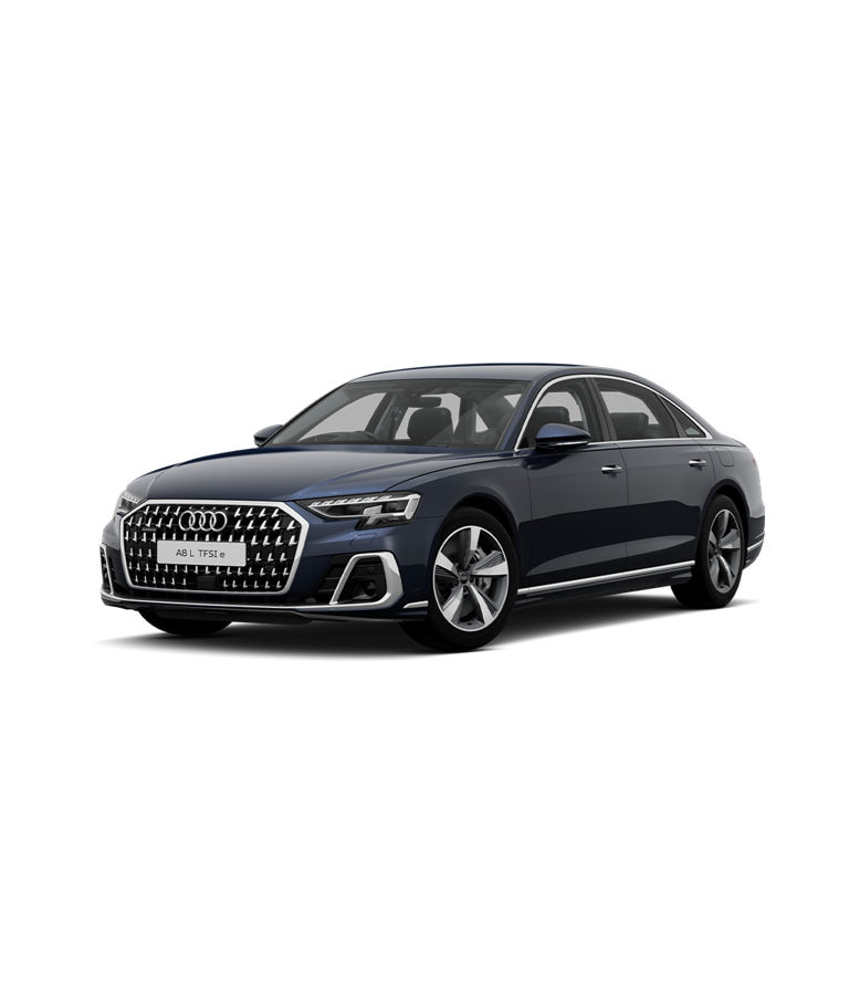 Audi A8 L TFSI e sport trim in navy blue color, isolated on a plain background.