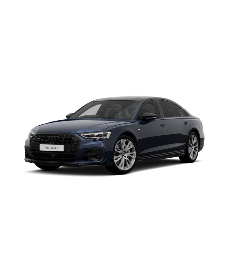 Audi A8 L TFSI e vorsprung trim in navy blue color, isolated on a plain background.