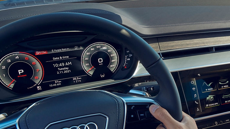 steering wheel and dashboard view of Audi A8 S8