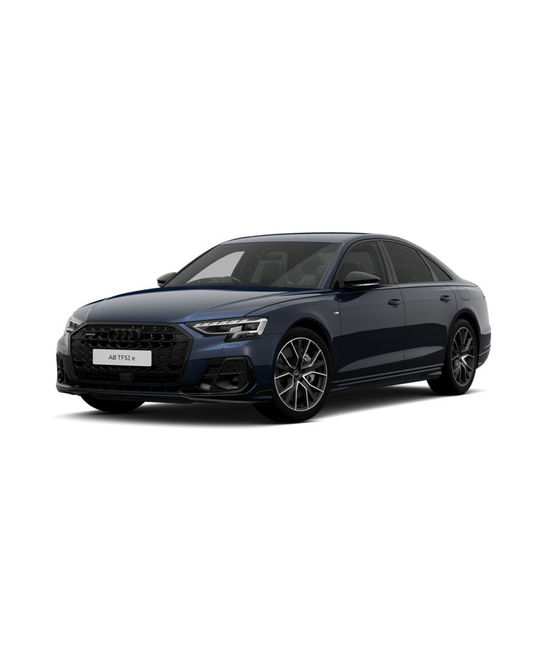 A dark blue Audi A8 tfsie black edition trim sedan on a transparent background.