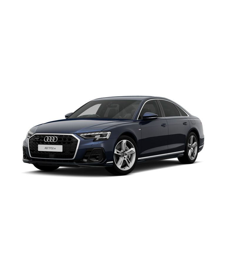 A dark blue Audi A8 tfsie s-line trim sedan on a transparent background.