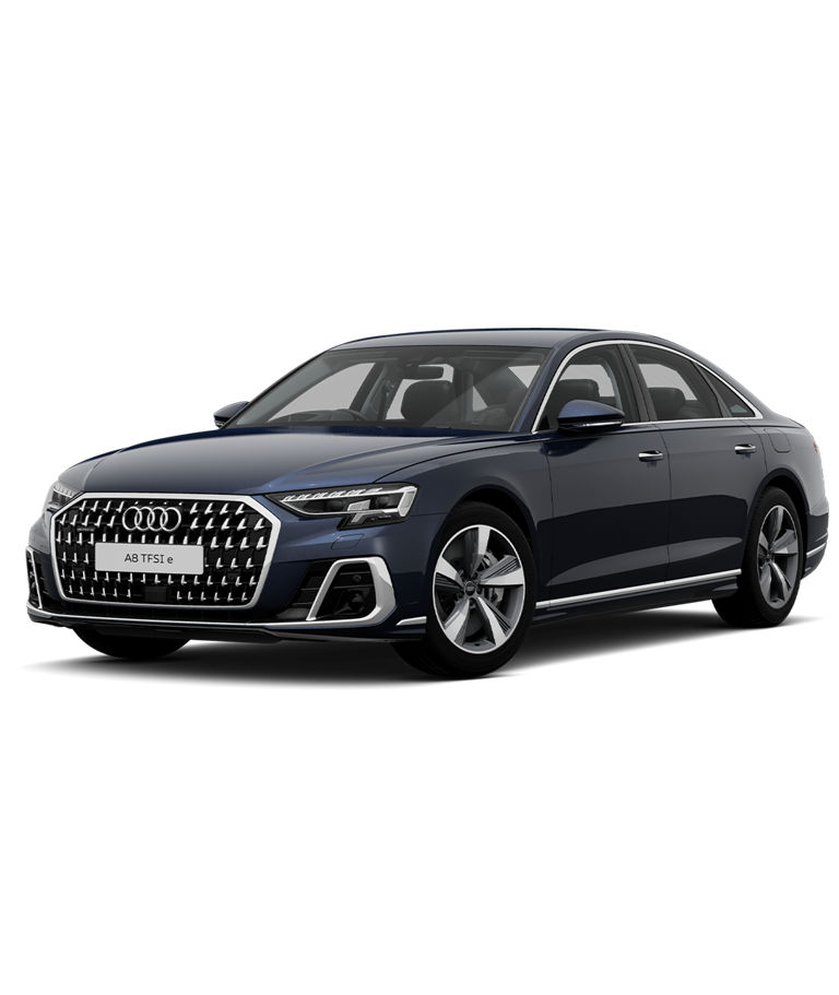 A dark blue Audi A8 tfsie sport trim sedan on a transparent background.