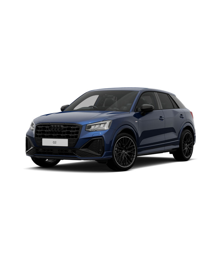 Blue Audi Q2 SUV black edition on a transparent background.