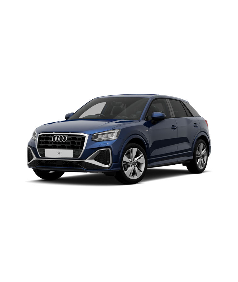 Blue Audi Q2 SUV s-line trim on a transparent background.