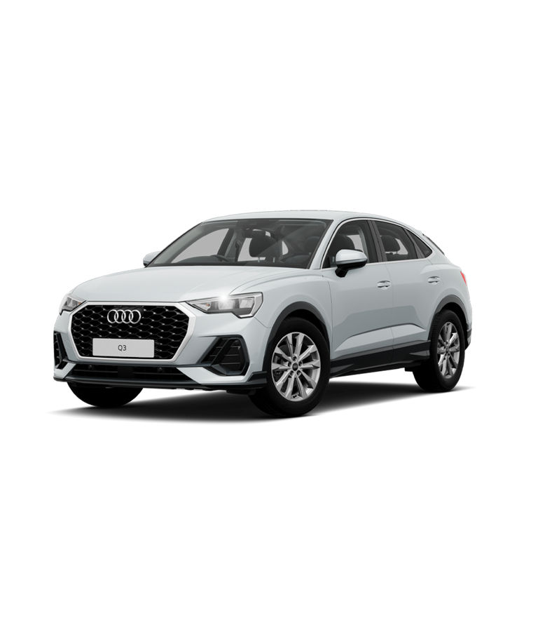 Front angled view of white Audi Q3 Sportback.