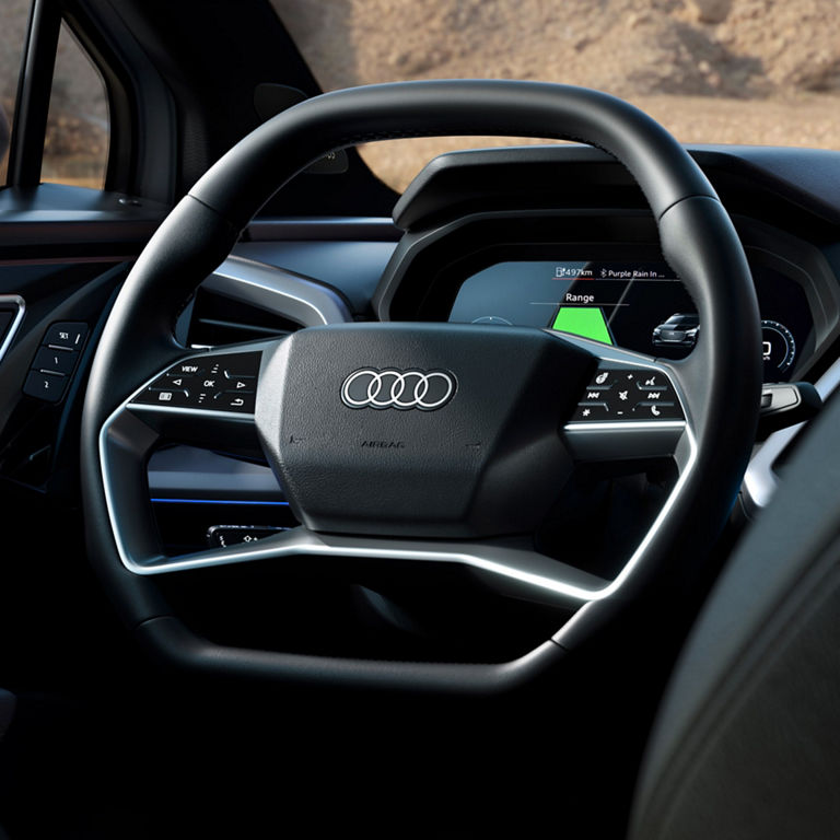 Interior steering wheel with dashboard in background.