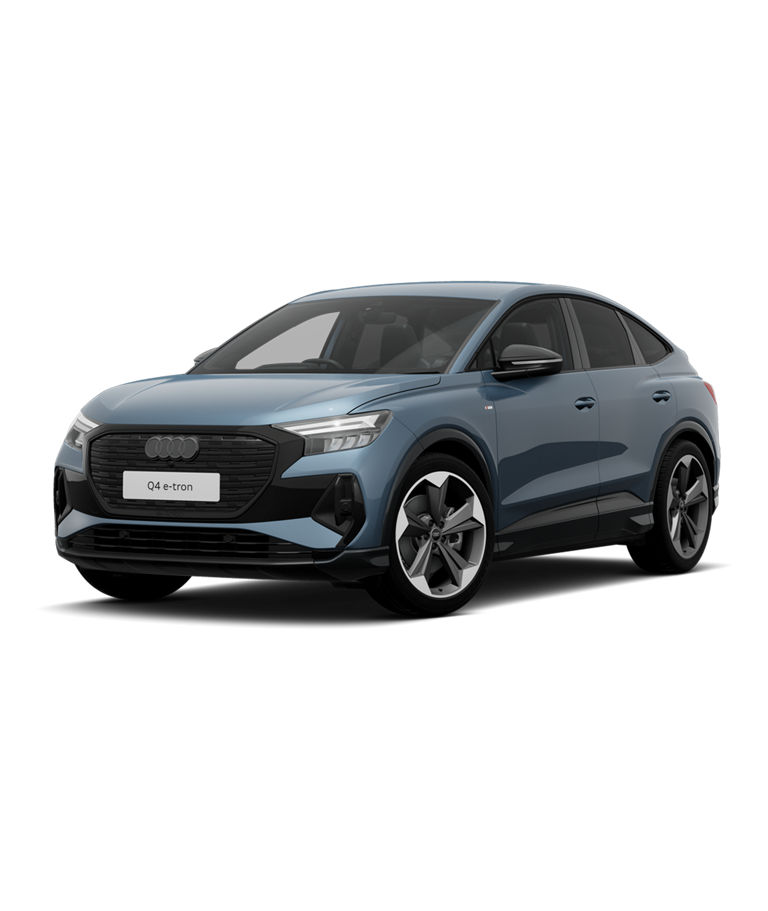 Front angled view of Audi Q4 Sportback e-tron on clear background with black trim alloys.